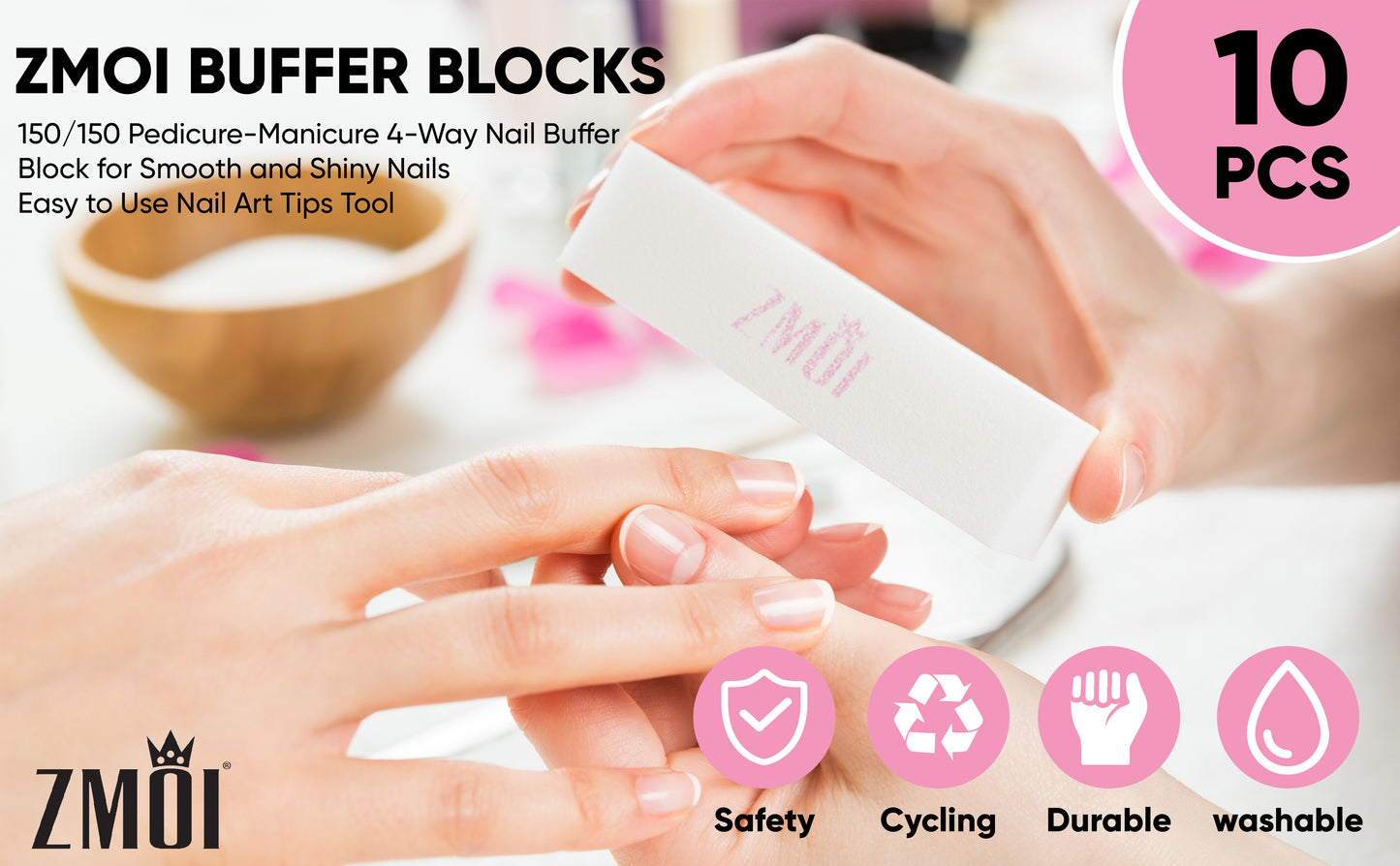 10 Medium Grit 4-Way Professional Nail Buffer Lightweight and Durable Pink/White